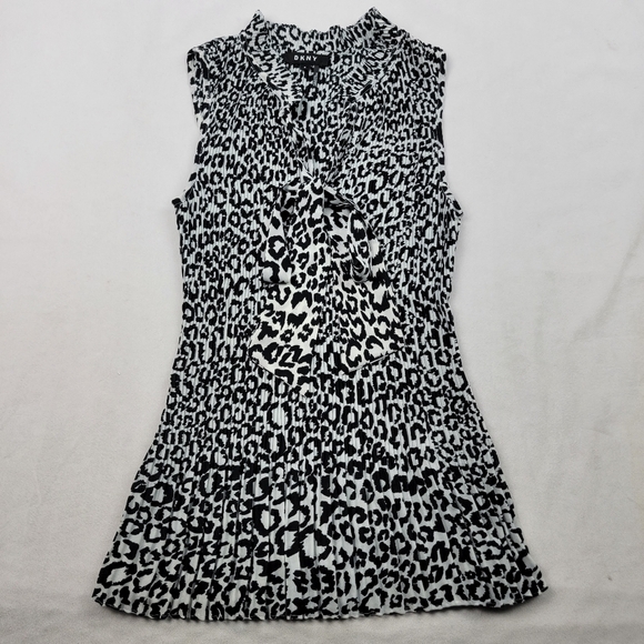 DKNY pleated snow lepord print ruffle neck tie sleeveless top - Picture 2 of 7